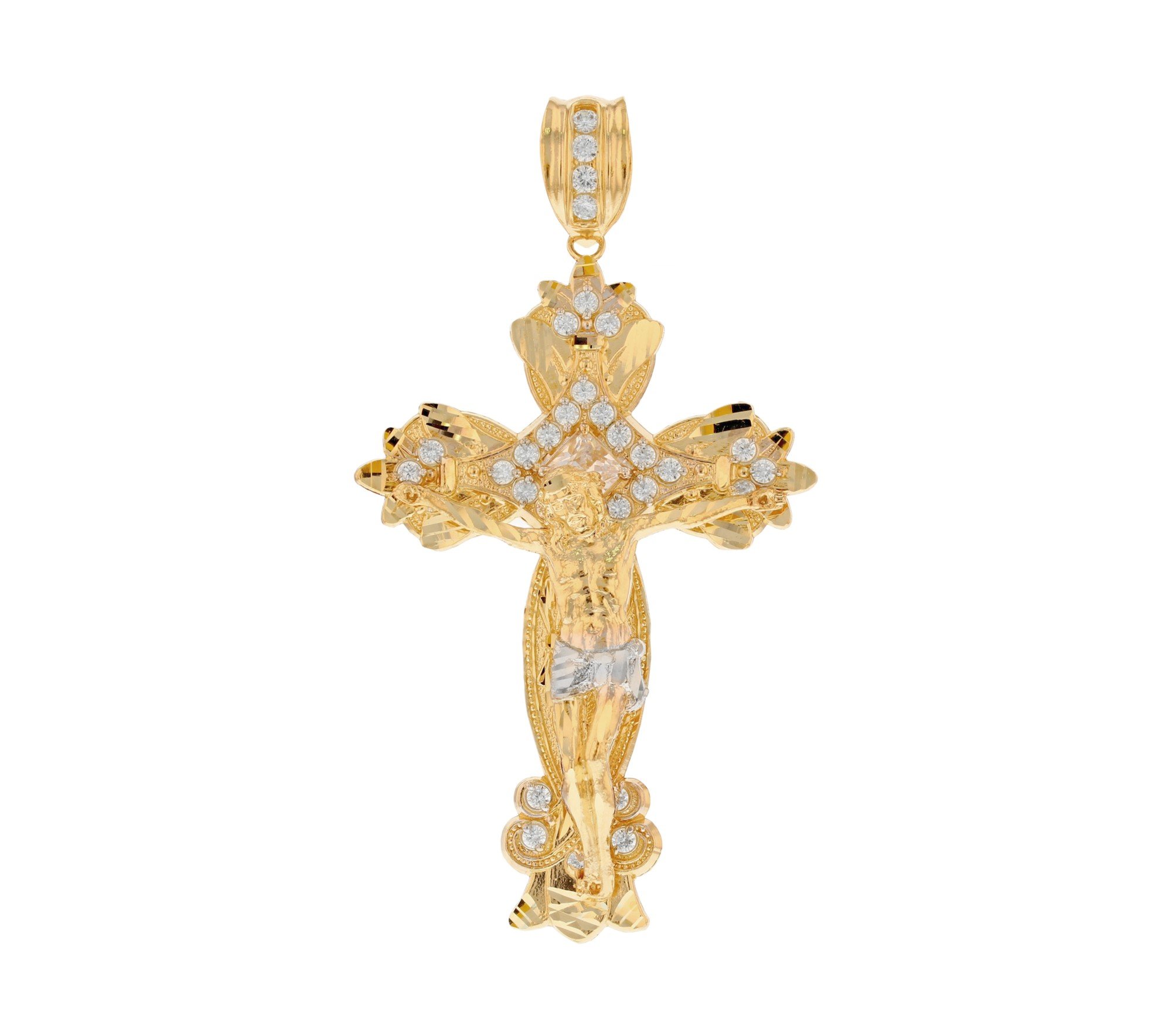 10k Yellow Gold Elegant and Diamond Cut Fleury Large Crucifix Pendant