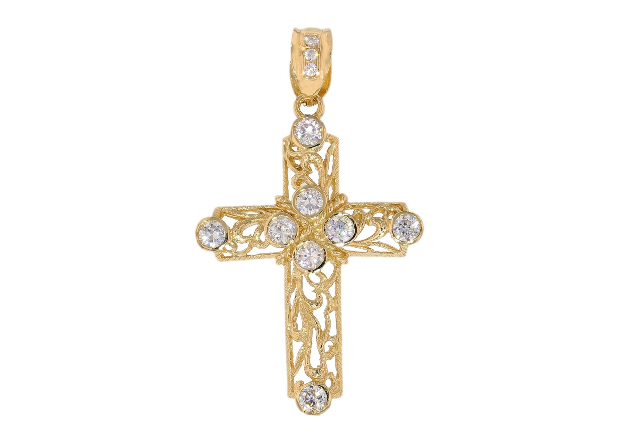 10k Yellow Gold Stunning CZ Accented Filigree Cross Pendant