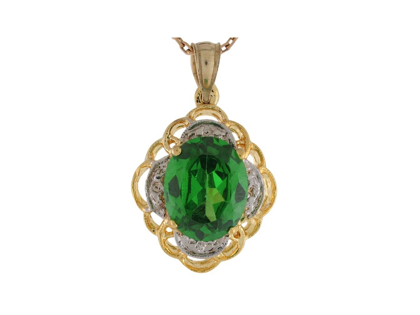 10k Two-Tone Gold Oval Cut Simulated Emerald May Filigree Charm Pendant