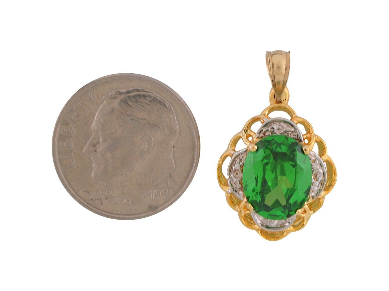 10k Two-Tone Gold Oval Cut Simulated Emerald May Filigree Charm Pendant