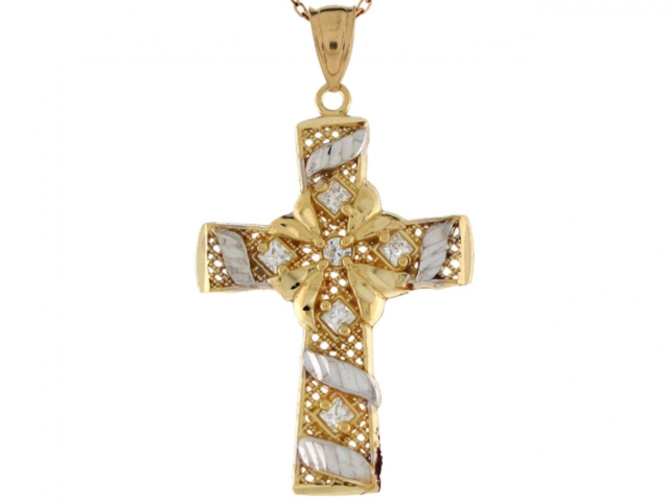 10k Two Tone Real Gold White CZ Accents Gorgeous Cross 3.8cm Pendant