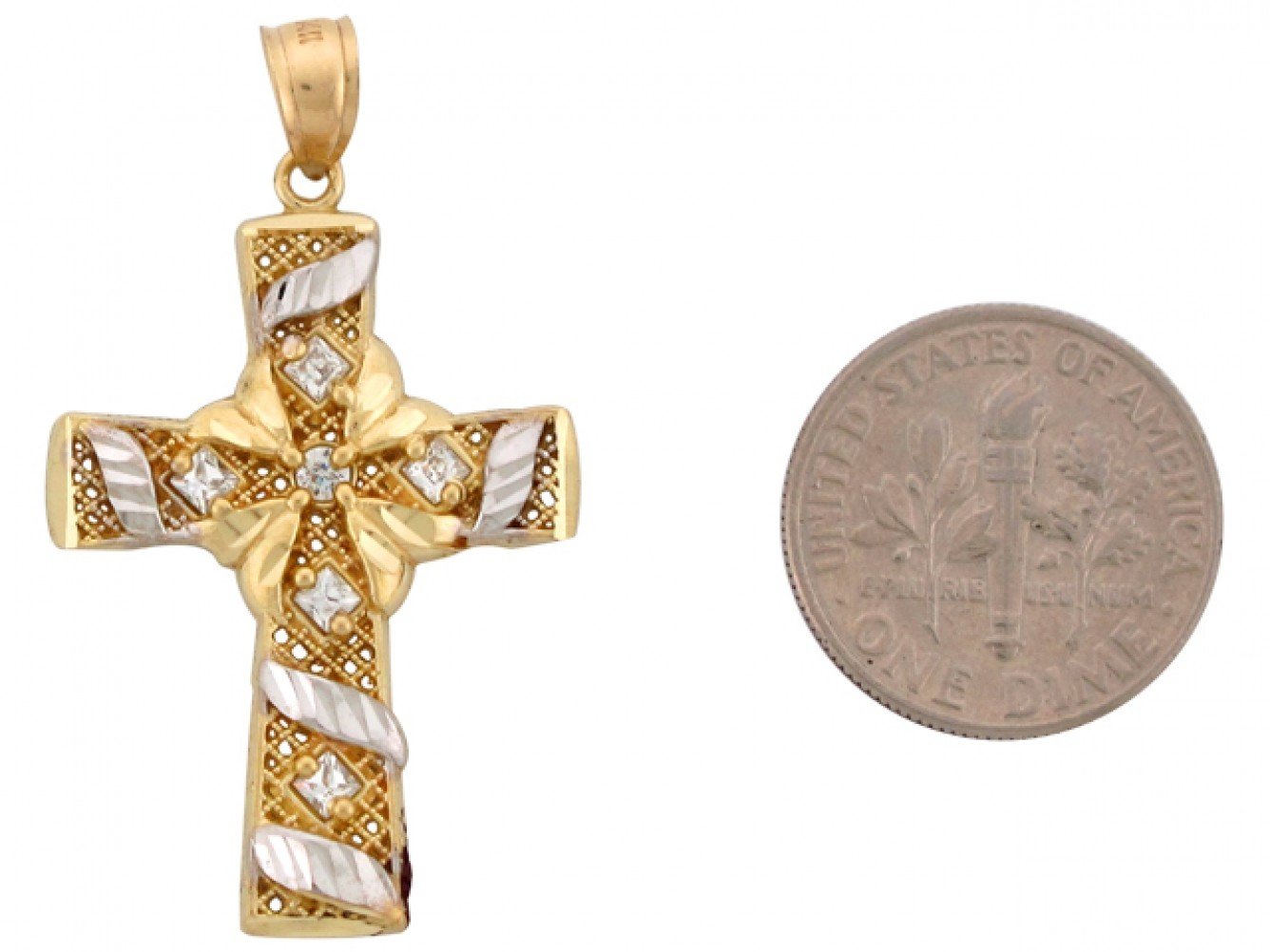 10k Two Tone Real Gold White CZ Accents Gorgeous Cross 3.8cm Pendant