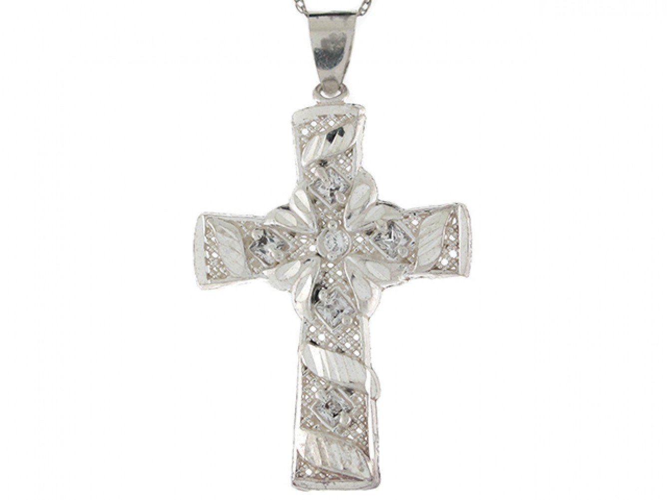  Sterling Silver Cross White CZ Ornate Celtic Floral 3.77cm Pendant Charm