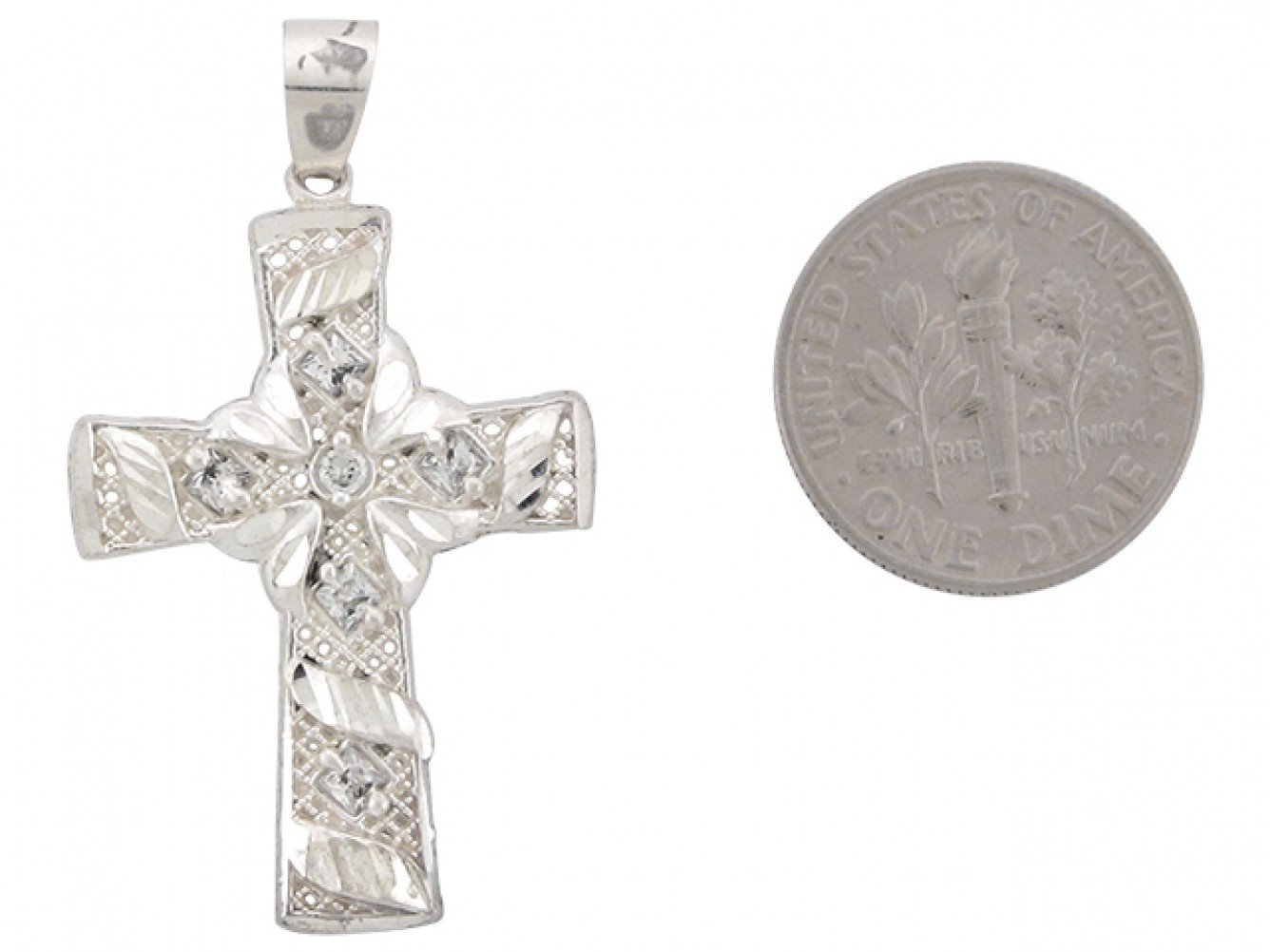  Sterling Silver Cross White CZ Ornate Celtic Floral 3.77cm Pendant Charm