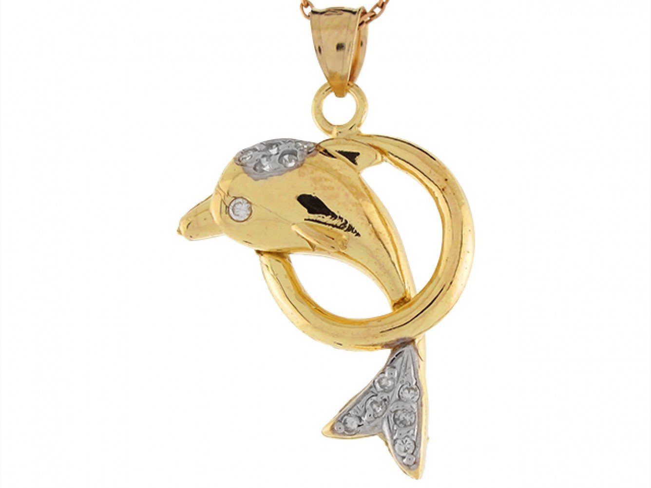 10k Two Tone Real Gold White CZ Dolphin Hoop Designer Charm Pendant 