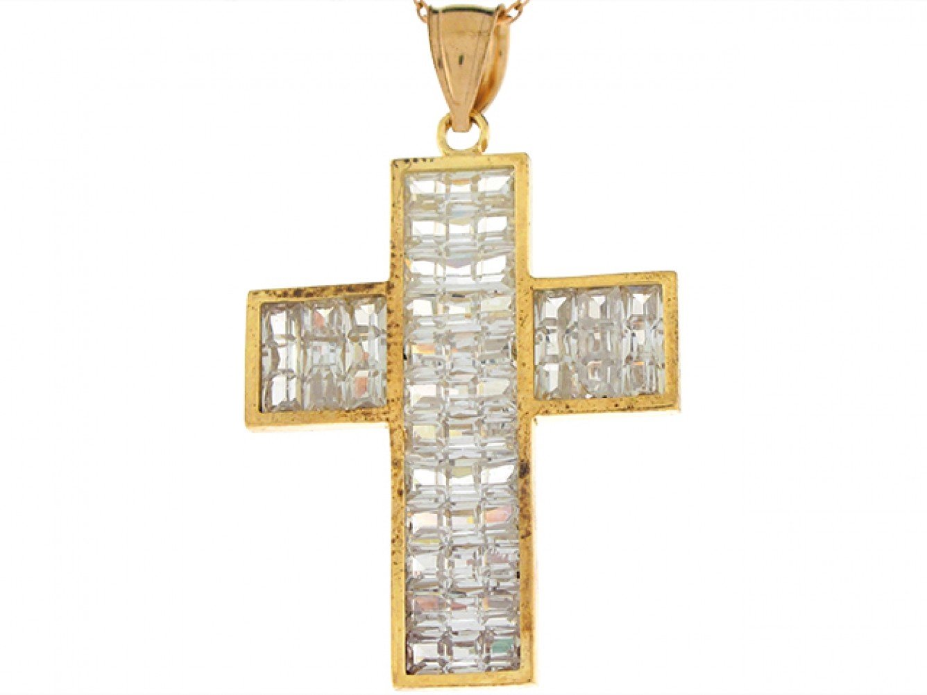 10k Yellow Gold White CZ 4.12cm Long Cross Religous Charm Pendant