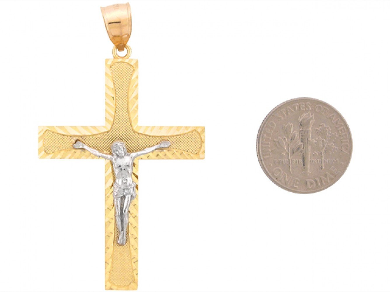 10k Two Tone Real Gold Jesus Crucifix Cross Religious 5.3cm Charm Pendant