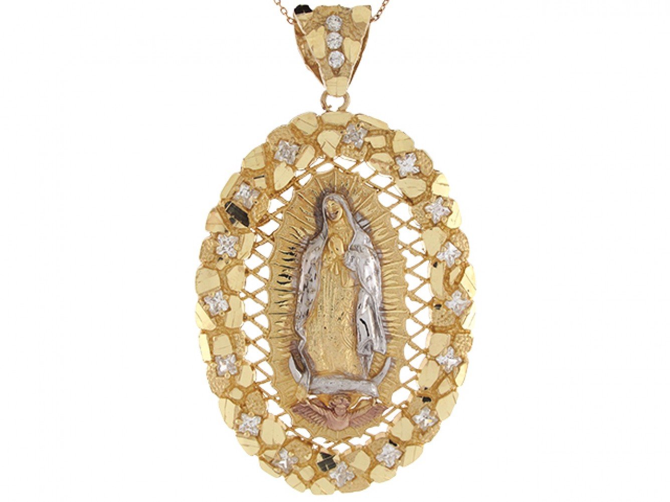 10k Tri Color Gold White CZ Accents Mother Mary of Guadalupe 7.96cm Pendant