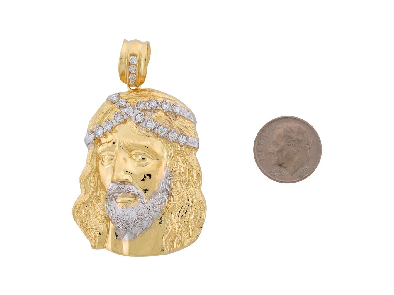 10k Two Tone Gold White CZ 5.99cm Face of Jesus Religious Pendant