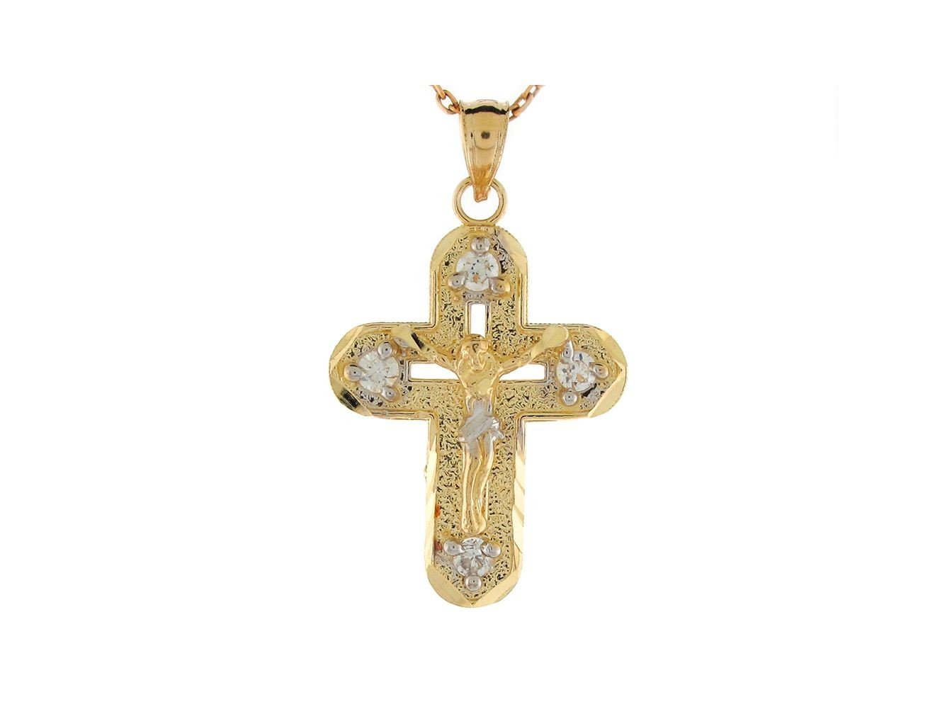 10k Two Tone Gold White CZ Latin Style Crucifix Religious Charm Pendant