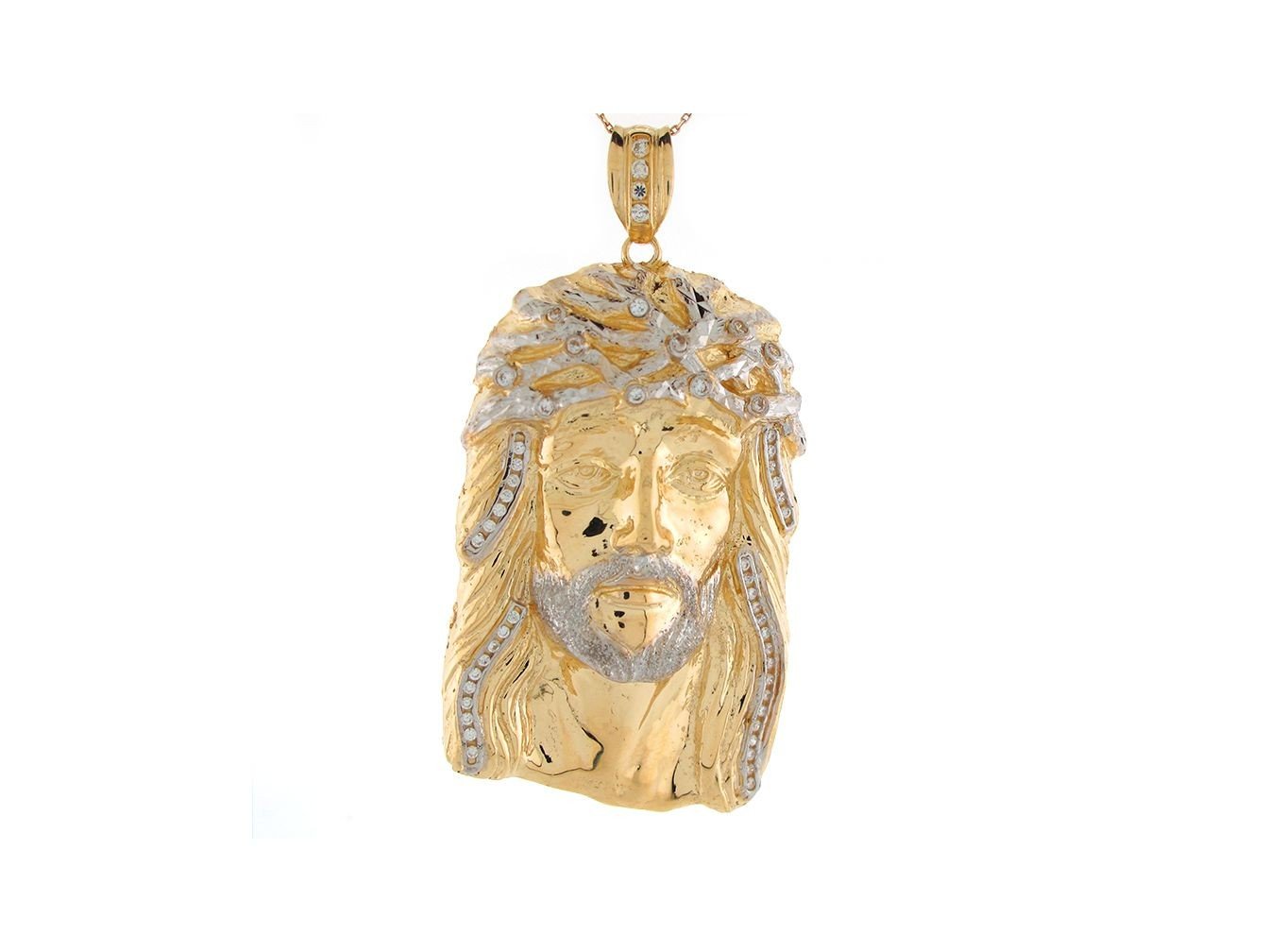 10k Two Tone Gold White CZ 8.1mm Face of Jesus Religious Pendant