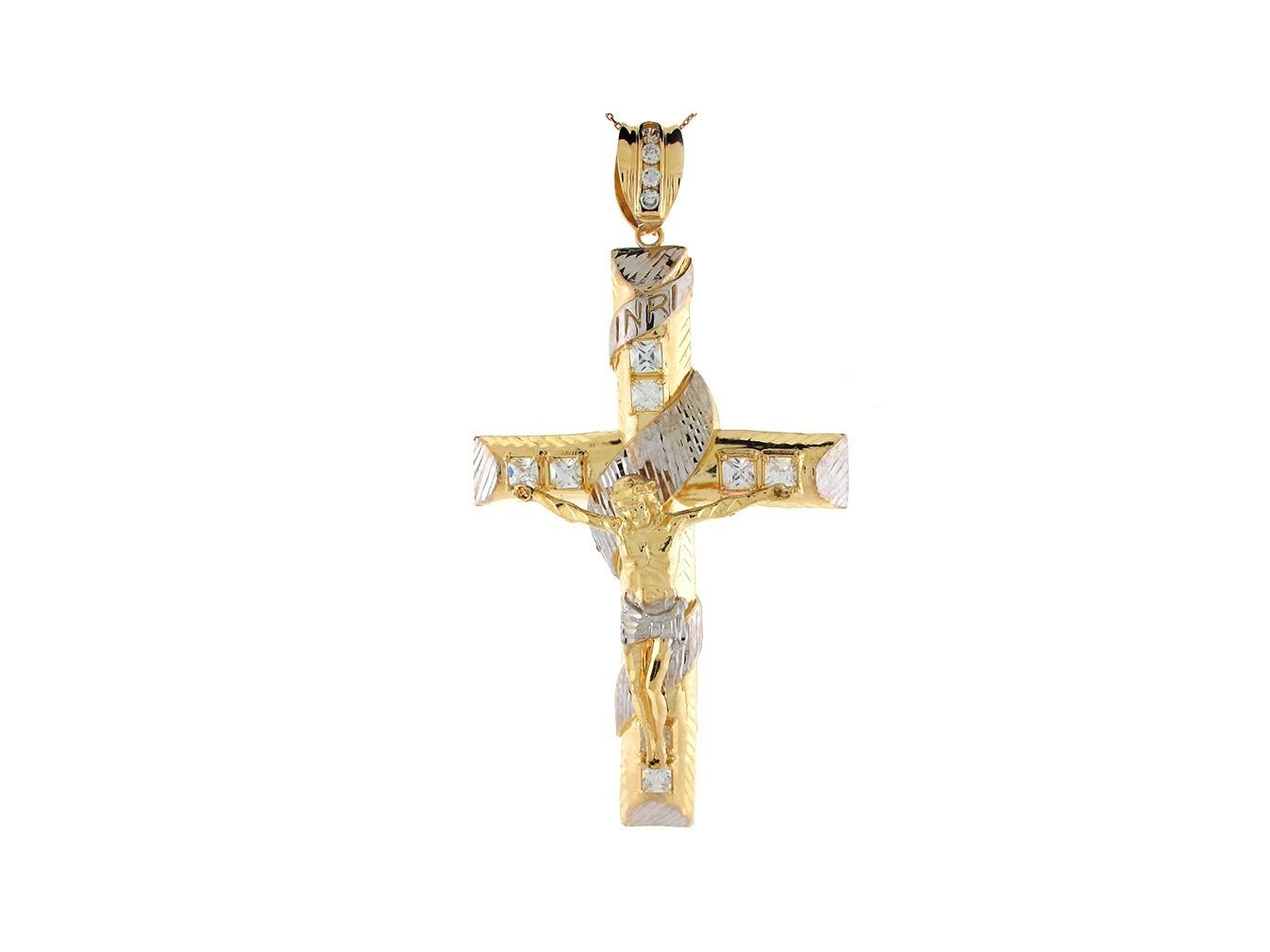 10k Two Tone Gold White CZ 11.4cm Latin Style Crucifix Religious Pendant