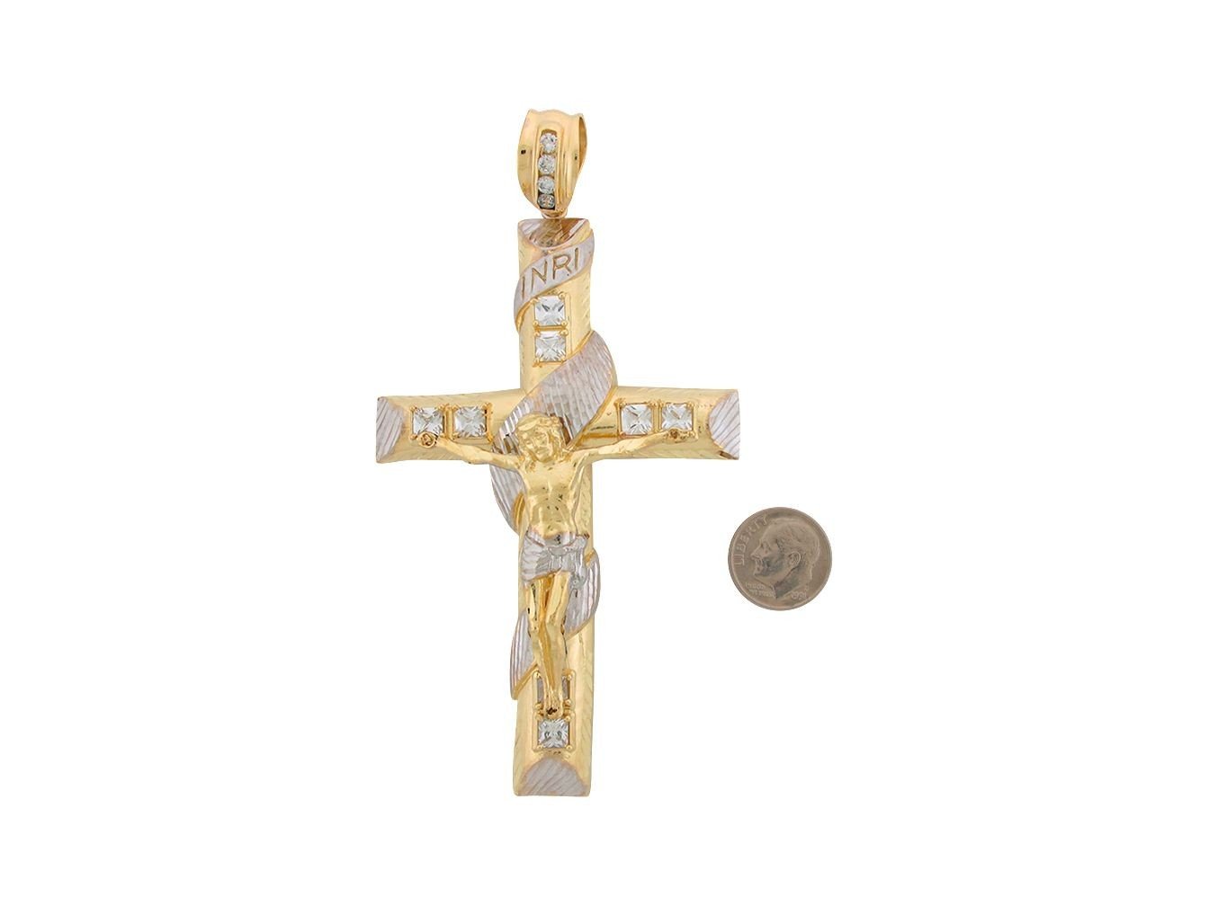 10k Two Tone Gold White CZ 11.4cm Latin Style Crucifix Religious Pendant