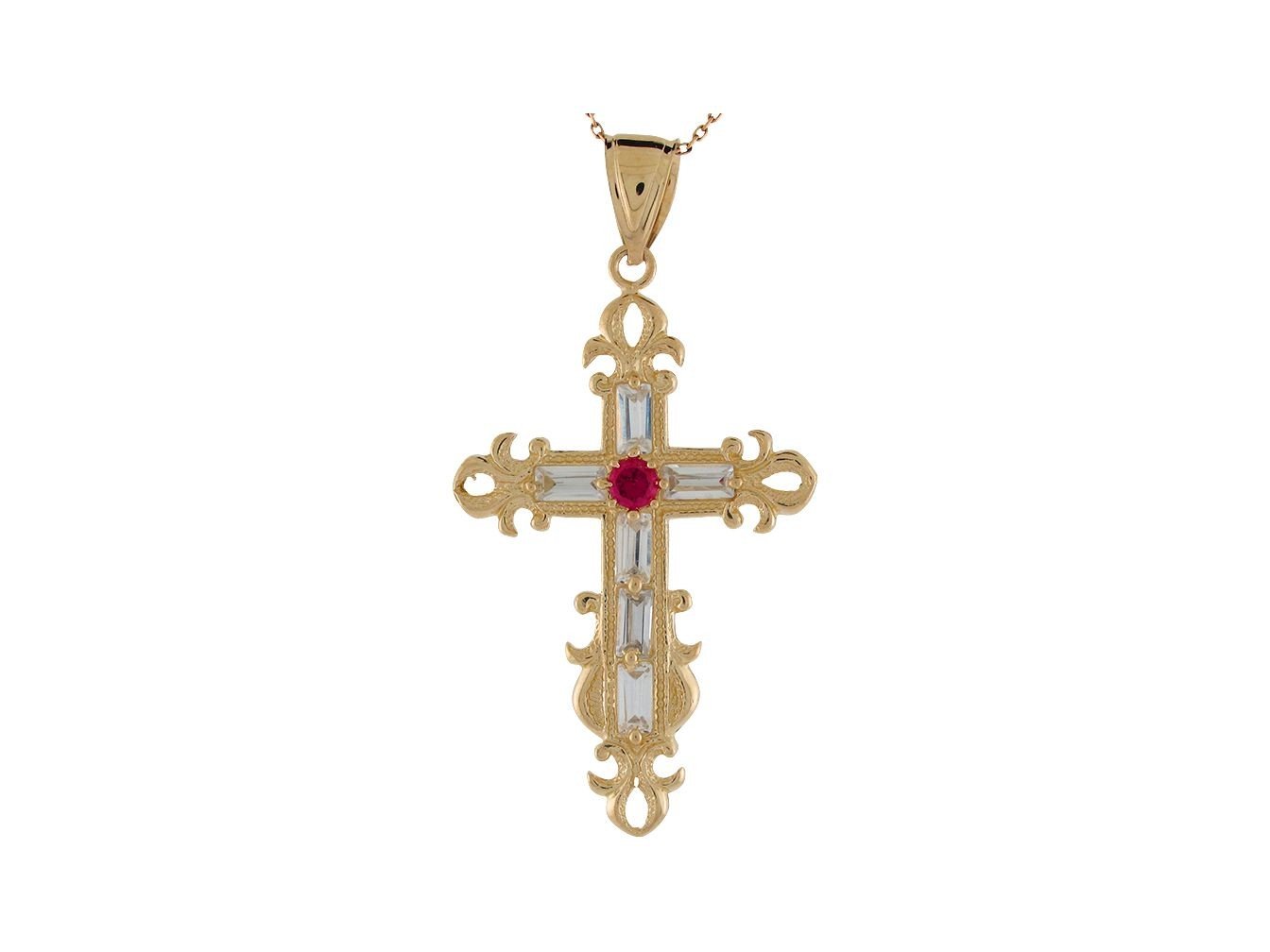 14k Yellow Gold Simulated Ruby and White CZ Religious Ancree Cross Pendant 