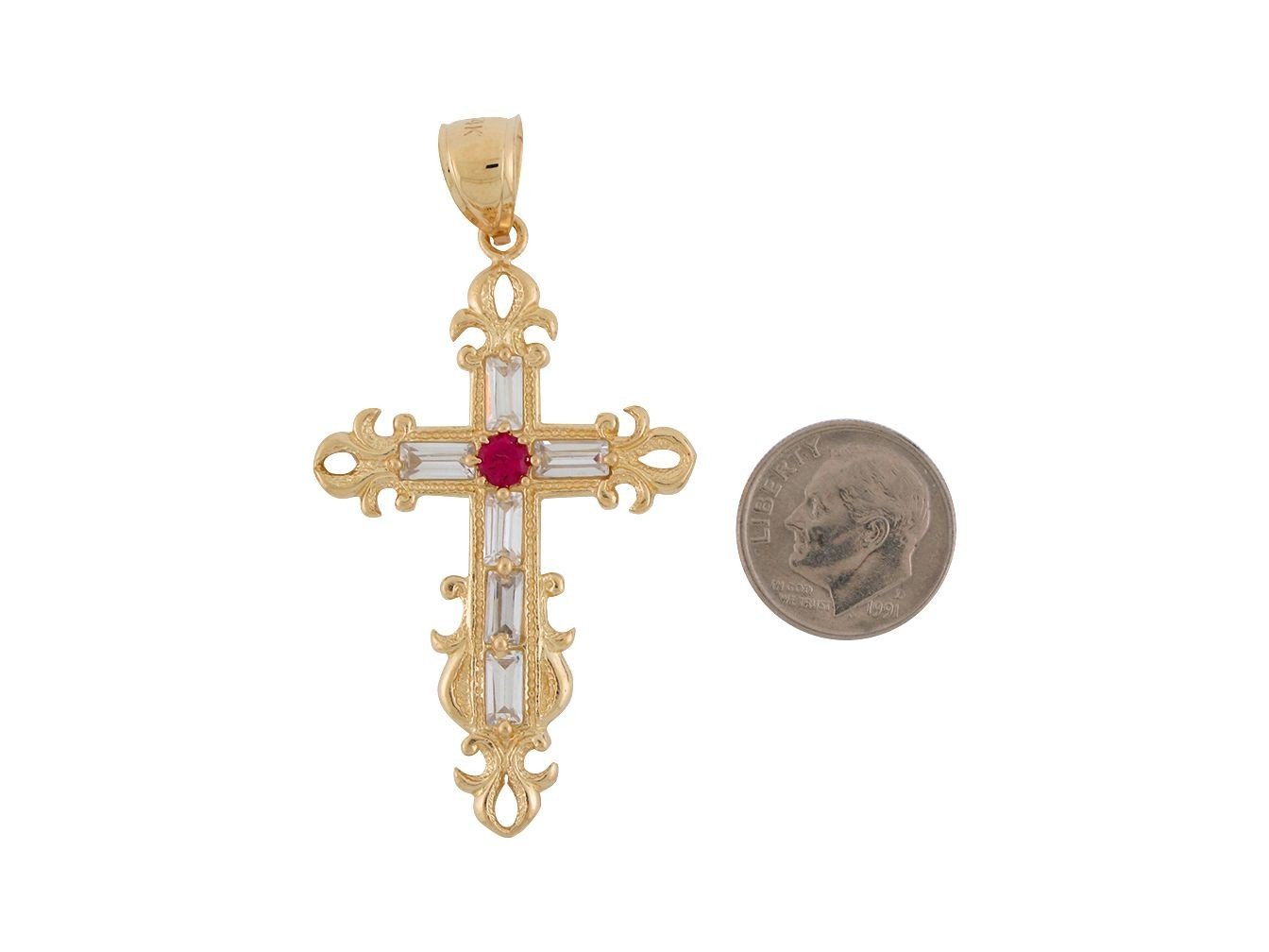 14k Yellow Gold Simulated Ruby and White CZ Religious Ancree Cross Pendant 