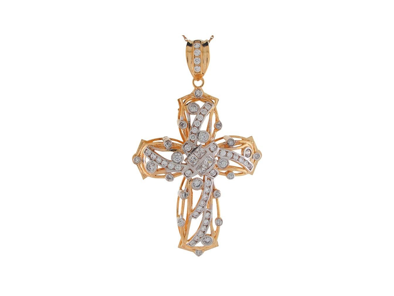 10k Two Tone Gold White CZ Intricate Fancy Hip Hop Swirl Religious Cross Pendant