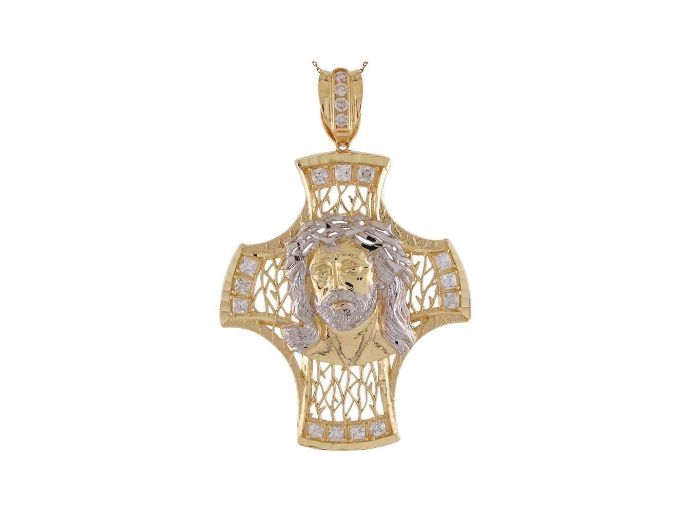 10k Two-Tone Gold White CZ Pattee Cross Crucifix Diamond Cut 6.2cm Wide Pendant