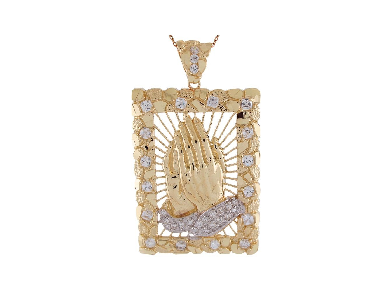 10k Two-Tone Gold CZ Praying Hands Diamond Cut 3.9cm Wide Rectangle Pendant