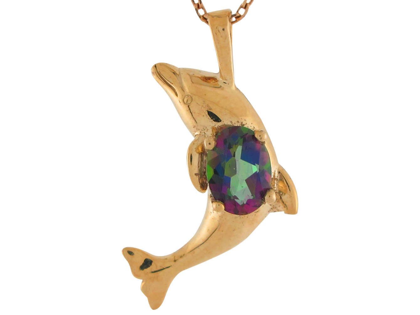 10k Yellow Gold Bold Mystic Topaz Accented Ladies Cute Dolphin Sliding Pendant