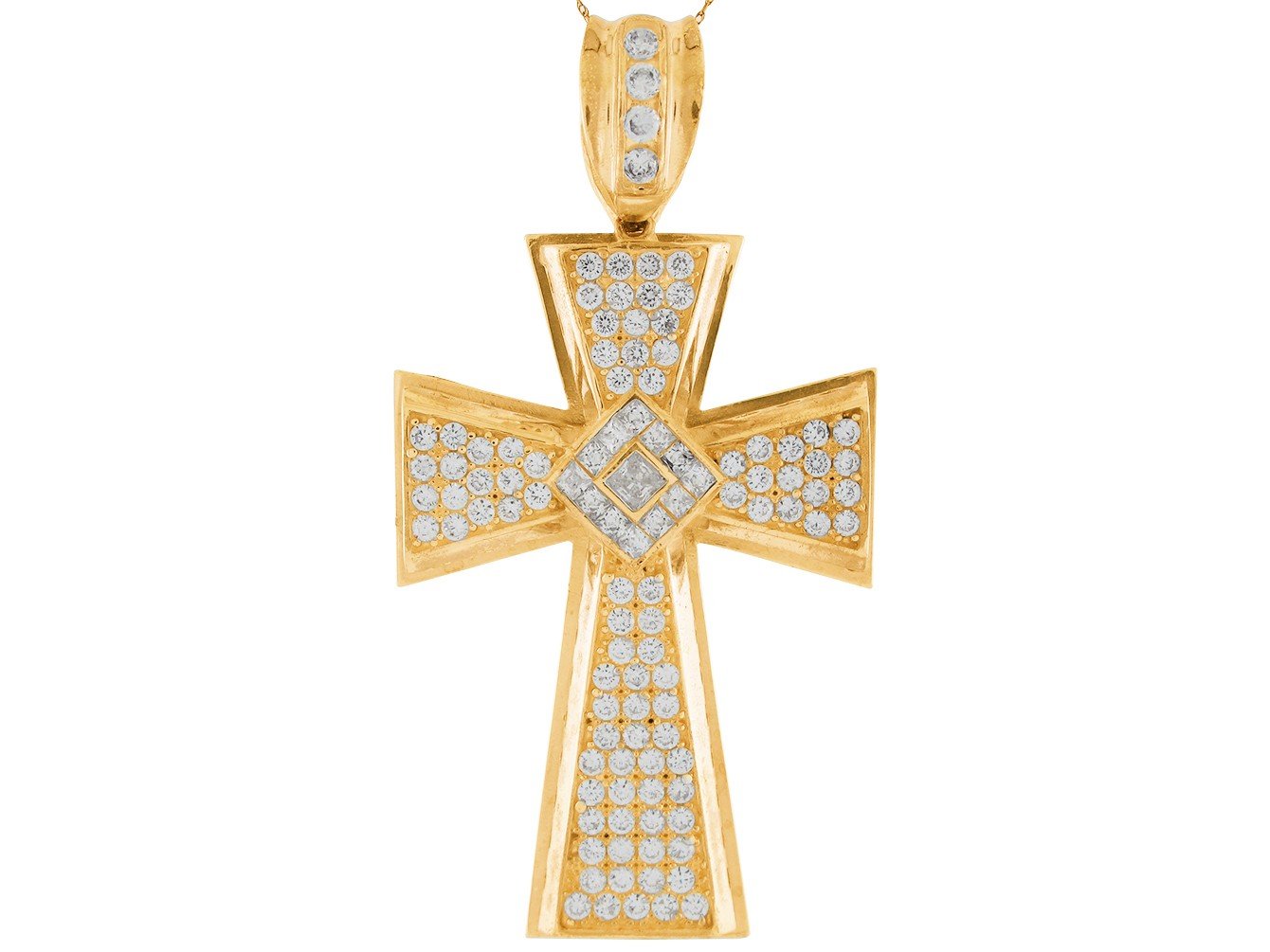 10k Yellow Gold Shimmering White CZ Accented Fancy Huge Pattee Cross Pendant