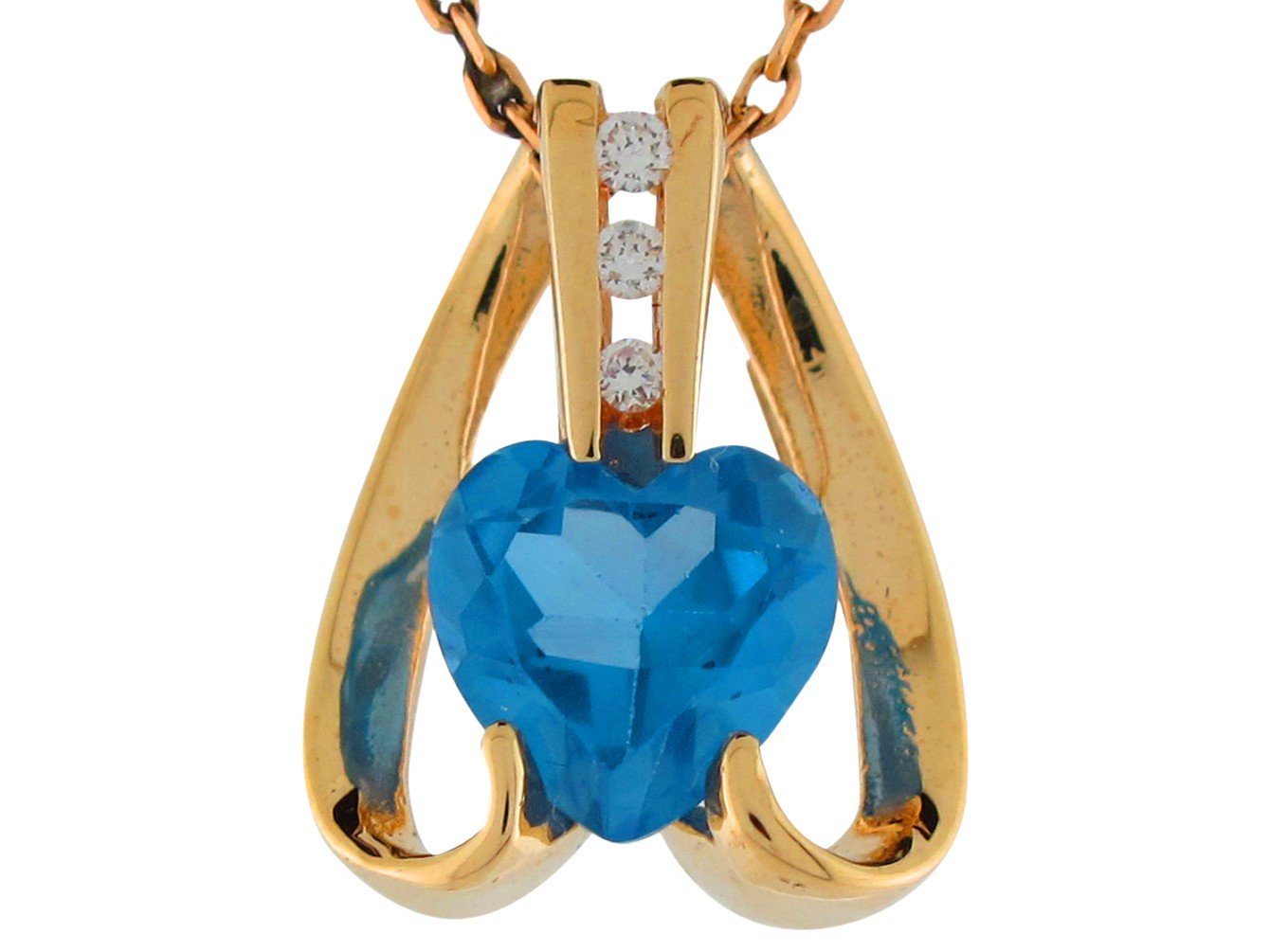 10k Yellow Gold Simulated Blue Zircon Heart Ladies Modern Curved Sliding Pendant