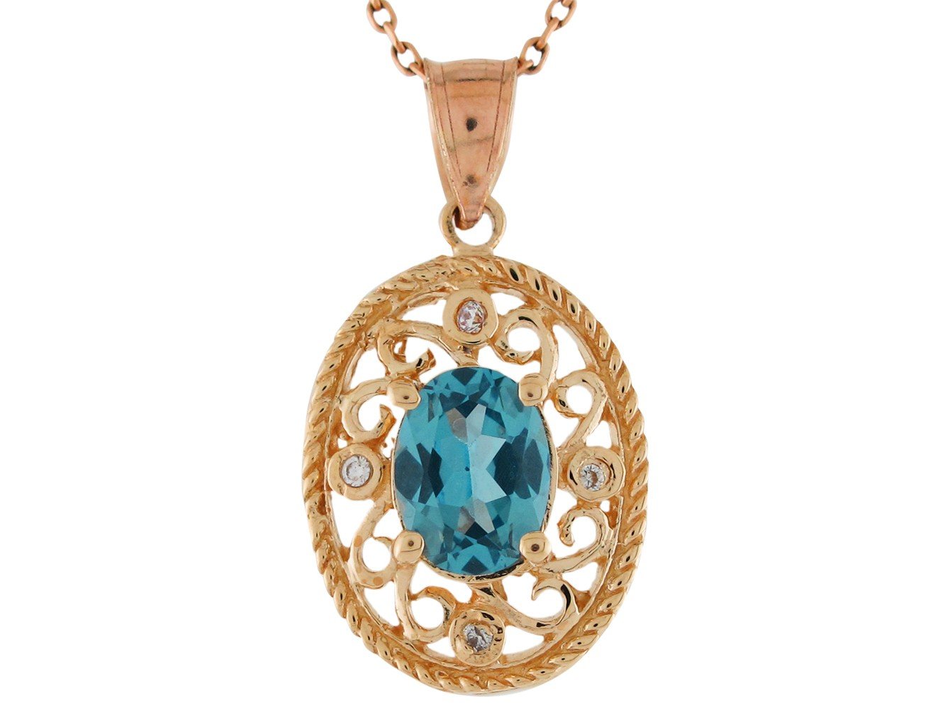 10k Yellow Gold Simulated Aqua and White CZ Ladies Classy Filigree Pendant