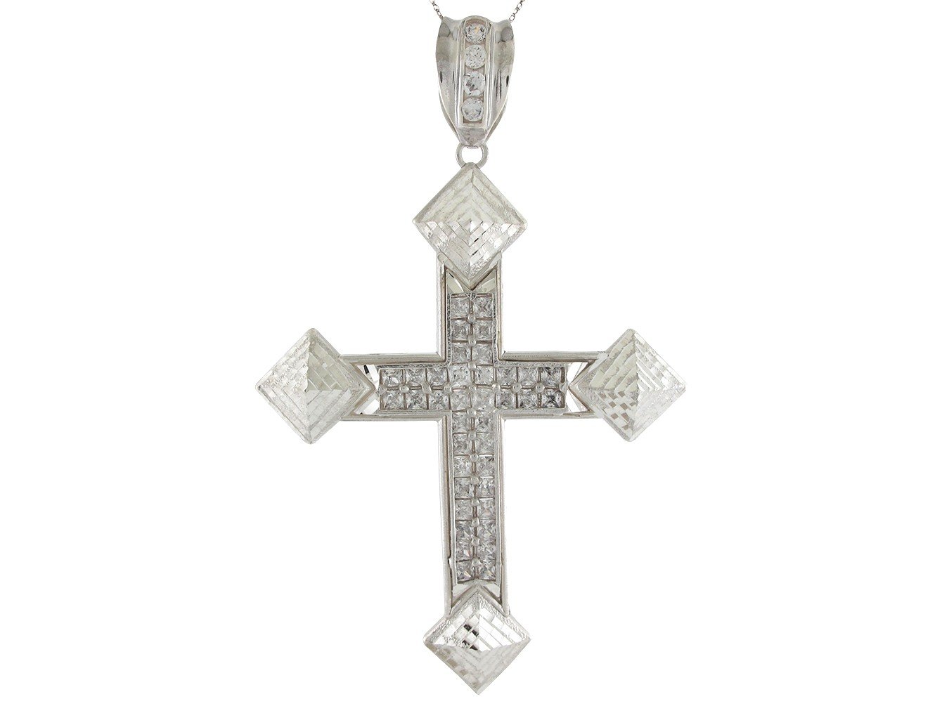 10k White Gold Bright Whie CZ Accented Diamond Cut Passion Cross Pendant