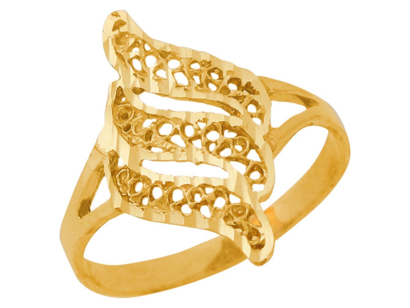 10k Yellow Gold Diamond Cut Split Shank Ladies Modern Pattern Ring