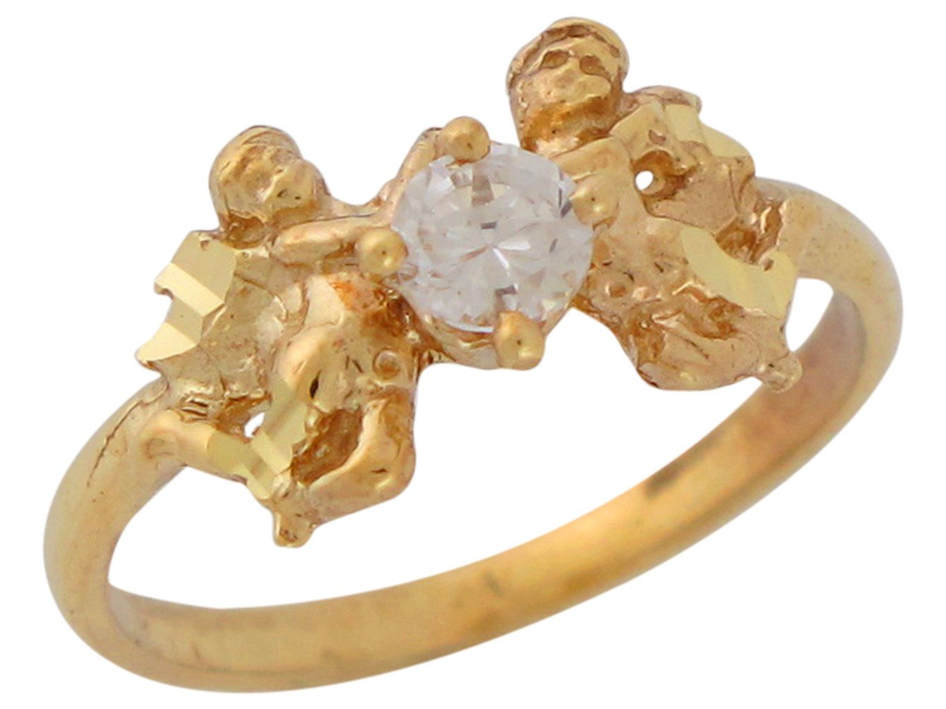 10k Yellow Gold Ladies Diamond Cut Two Cherubs Angels Cupids and White CZ Ring