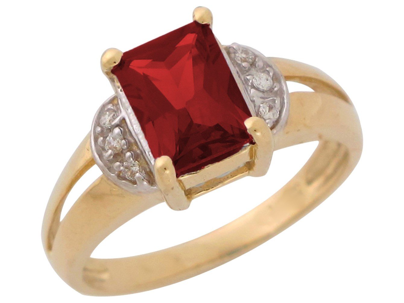 10k Two-Tone Ladies Simulated Garnet and CZ Split Shank January Birthstone Ring