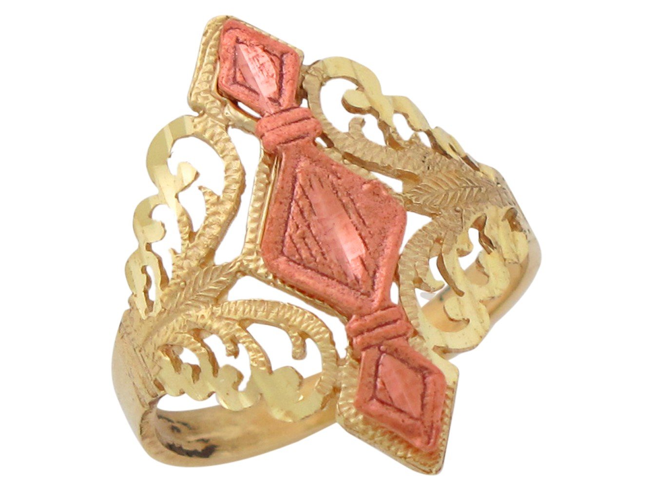 14k Two-Tone Gold Wide Top Ladies Diamond Cut and Filigree Vintag