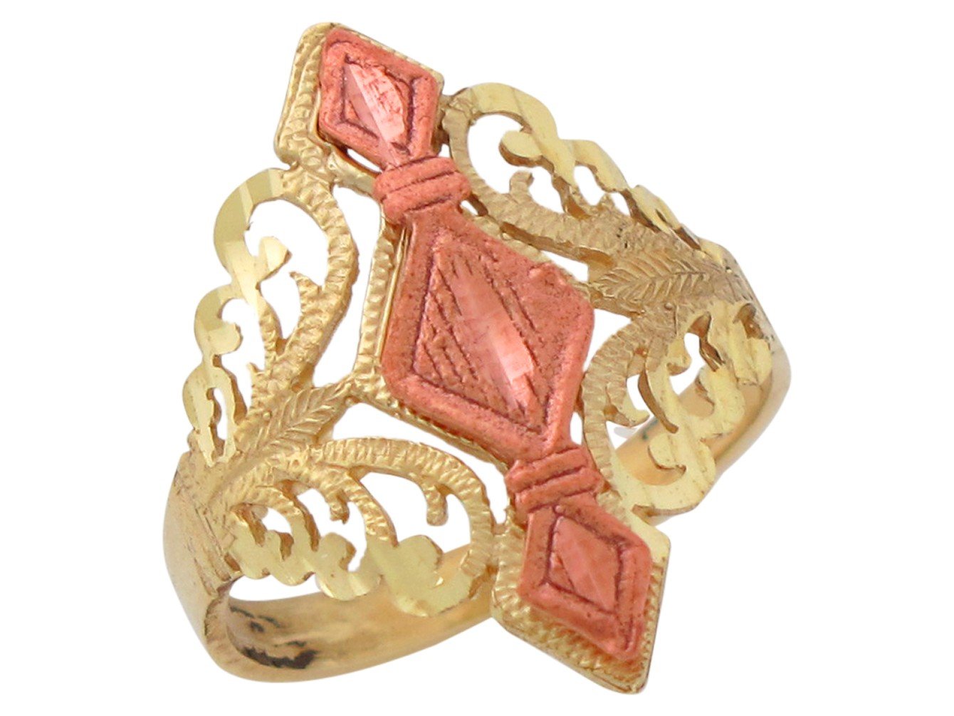 10k Two-Tone Gold Wide Top Ladies Diamond Cut and Filigree Vintage Design Ring 