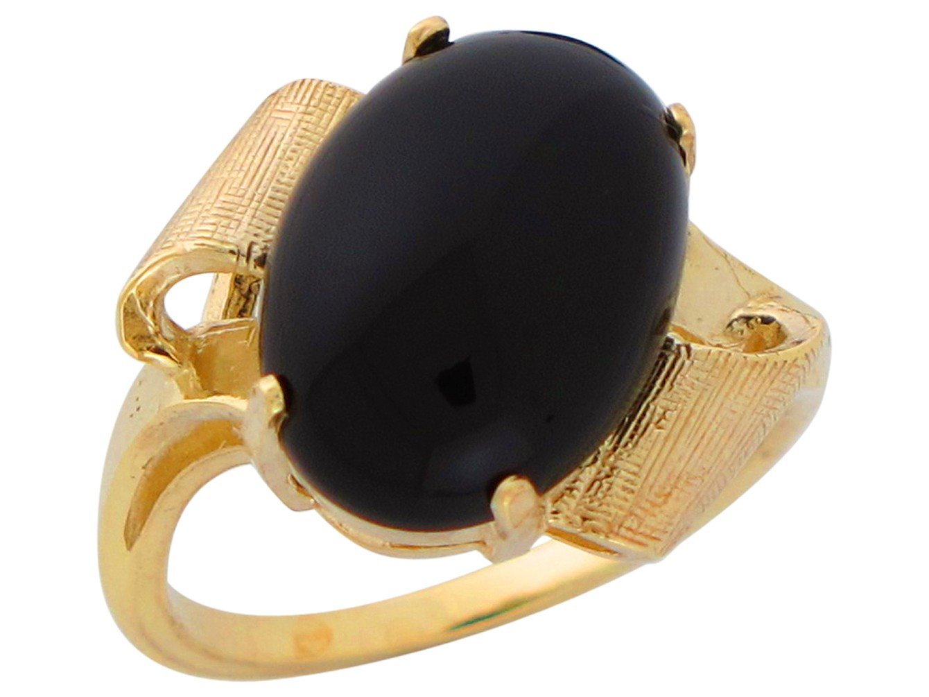 10k Yellow Gold Impressive Cabochon Cut Onyx Accented Ladies Modern Curved Ring