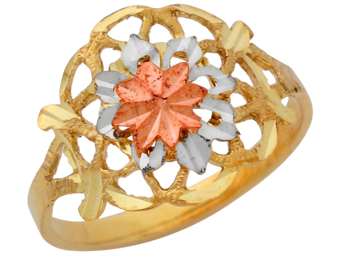 10k Tri-color Gold Ladies Magnificent Floral Design Ring with Diamond Cuts