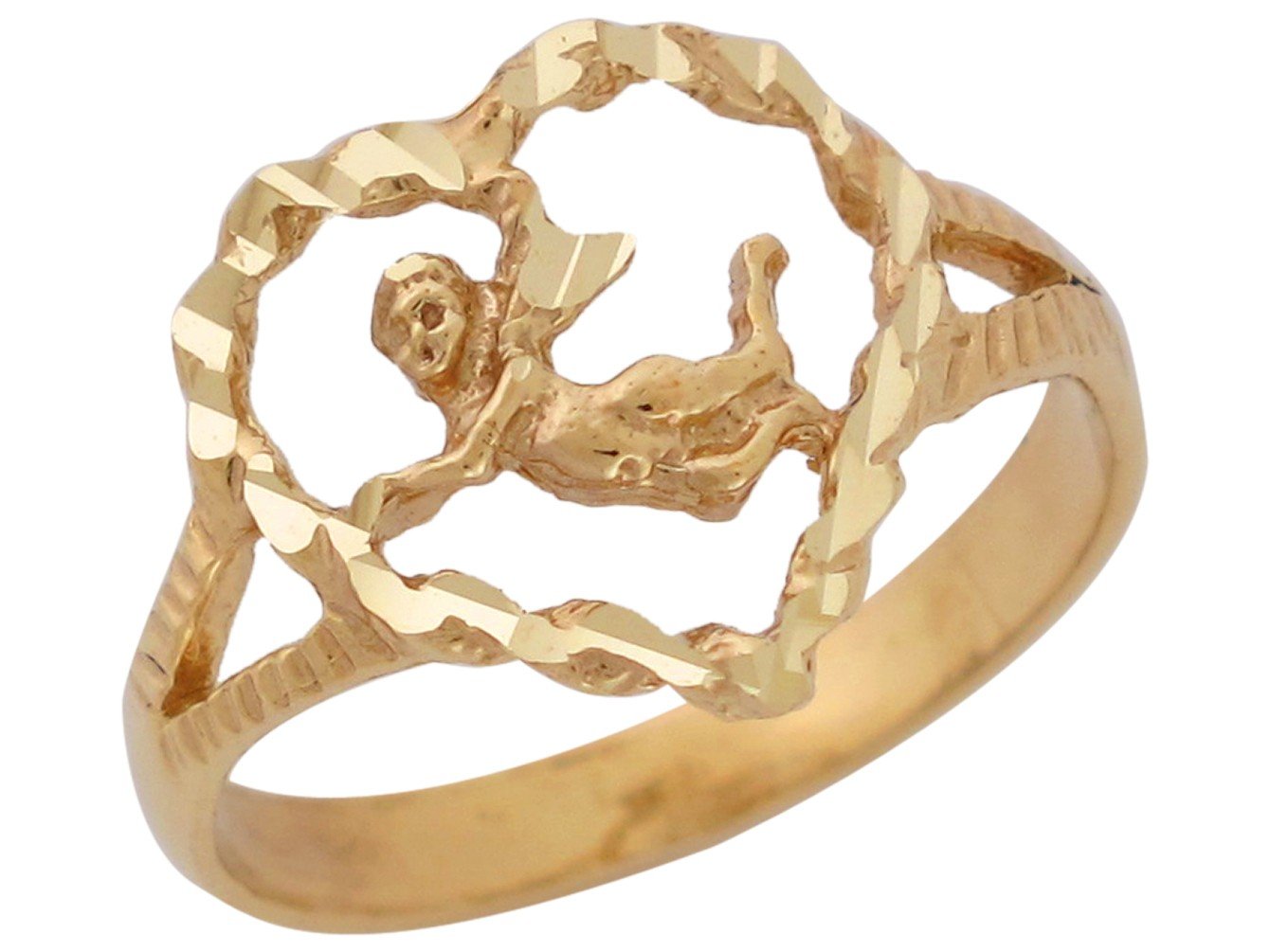 10k Yellow Gold Cute Cupid Angel with Diamond Cut Heart Frame Ring