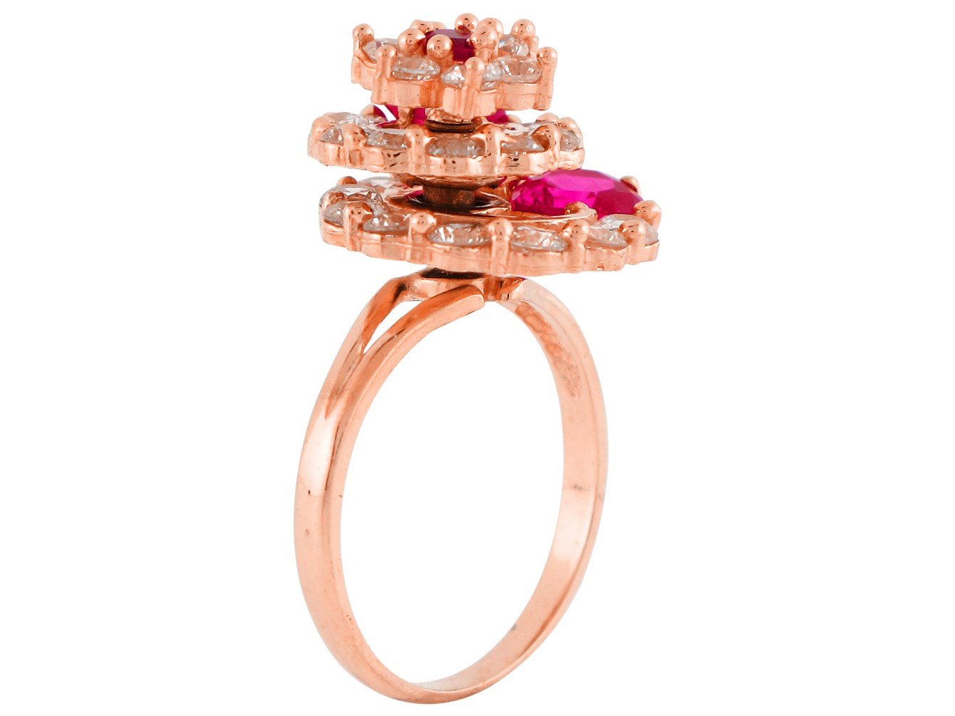 10k Rose Gold Simulated Ruby Heart and White CZ Layered Motion Flower Ring