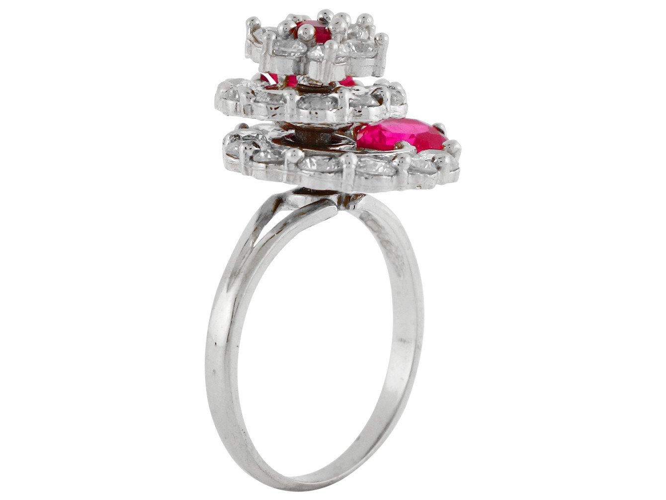 10k White Gold Simulated Ruby Heart and White CZ Layered Motion Flower Ring