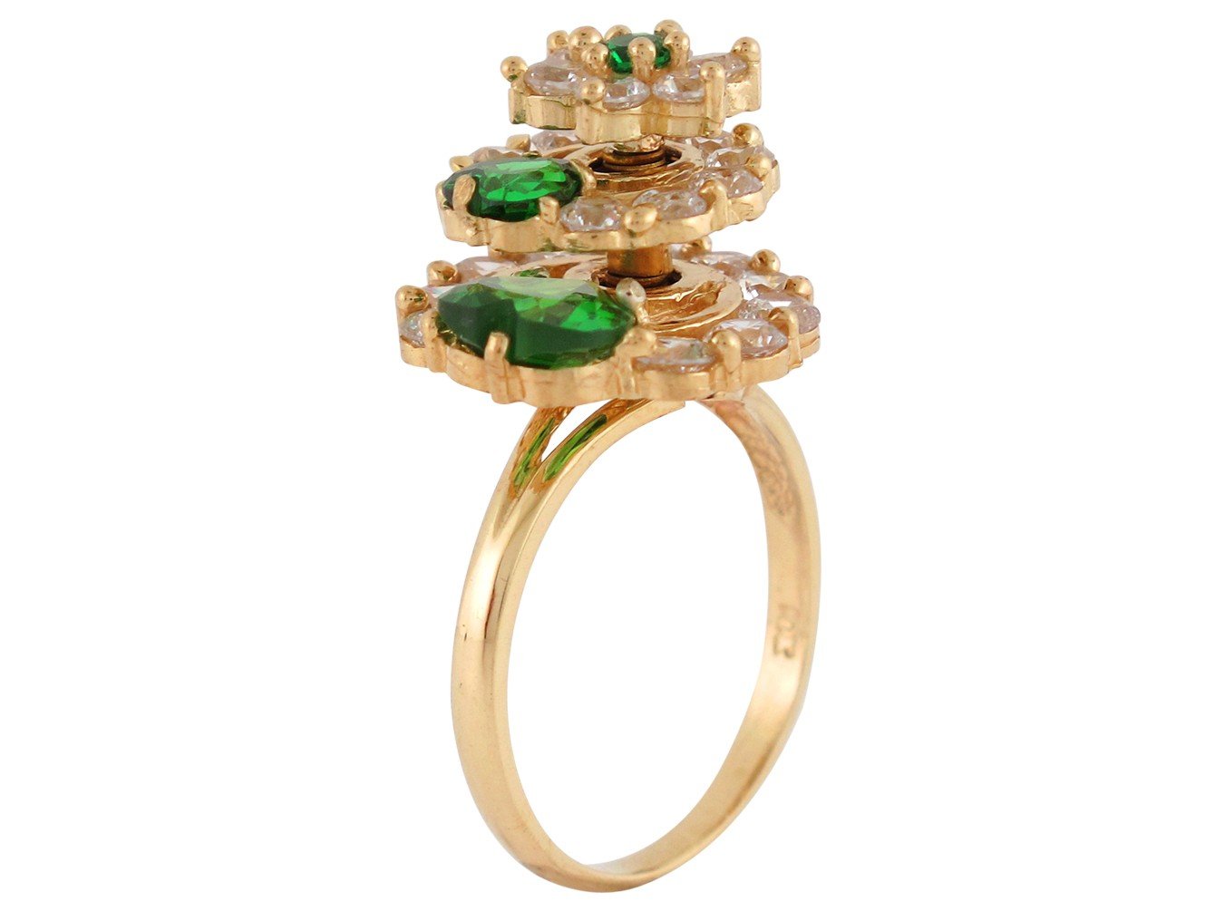 10k Yellow Gold Simulated Emerald Heart and White CZ Layered Motion Flower Ring