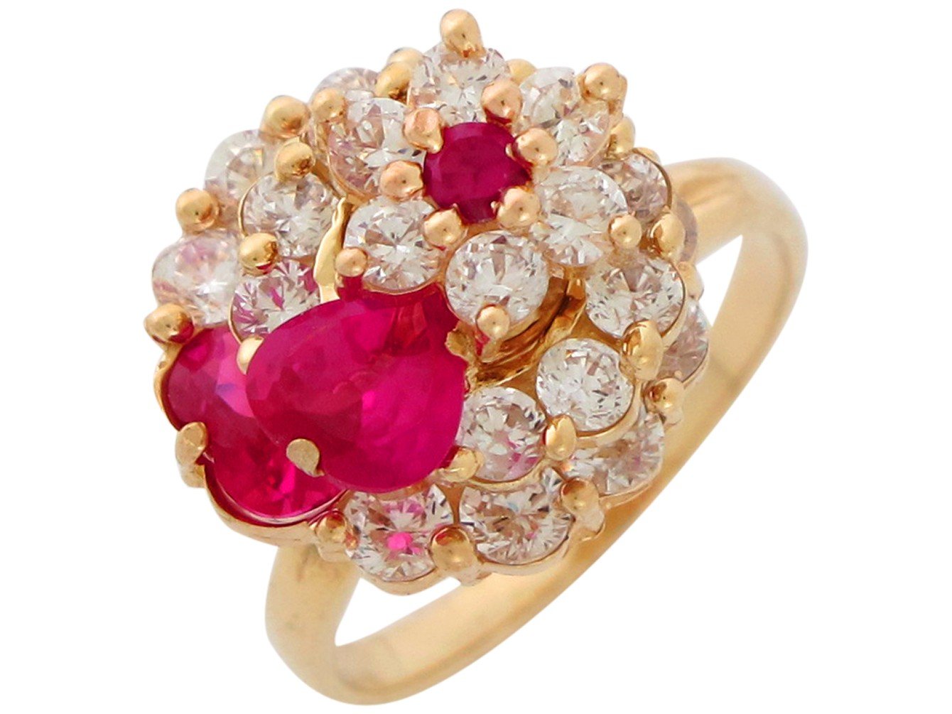 10k Yellow Gold Simulated Ruby Heart and White CZ Layered Motion Flower Ring