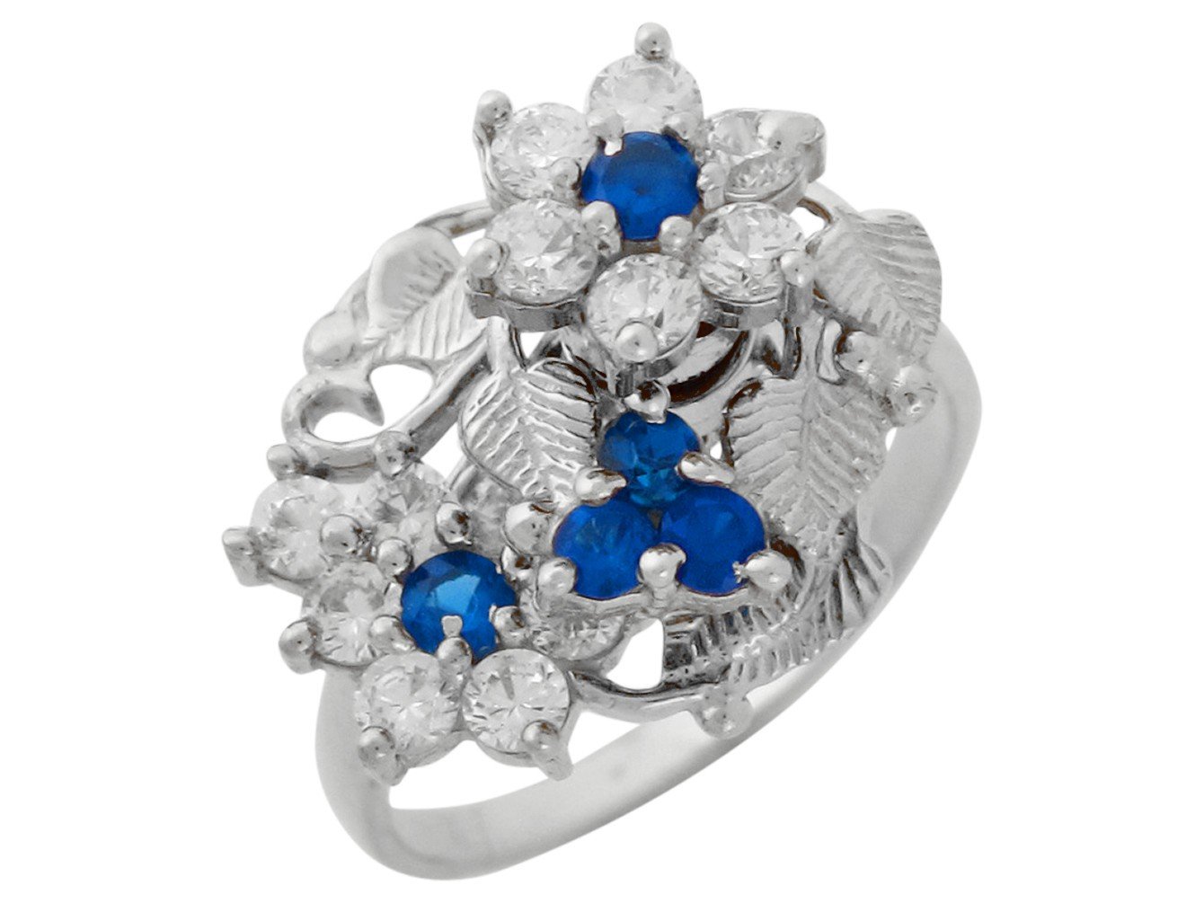 10k White Gold Simulated Sapphire and White CZ Layered Motion Flower Leaf Ring