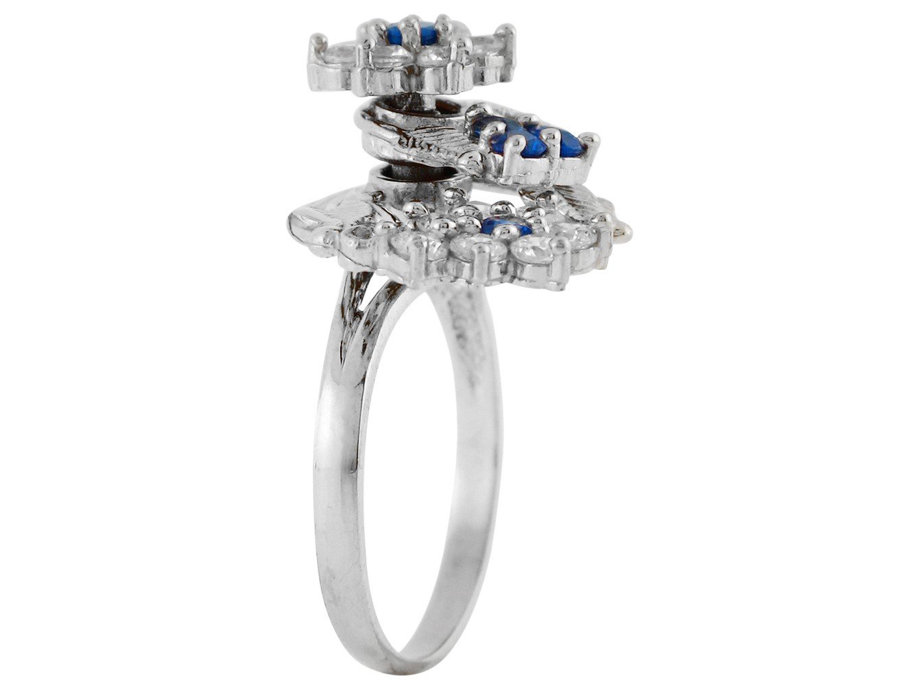 10k White Gold Simulated Sapphire and White CZ Layered Motion Flower Leaf Ring