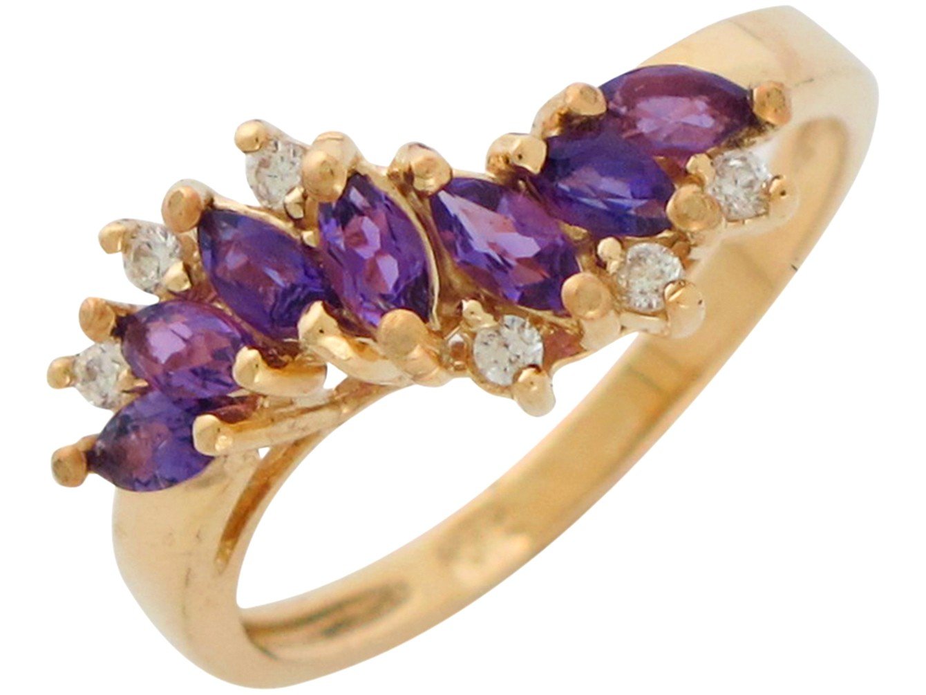 10k Gold Genuine Amethyst and Diamond Ladies Elegant Wave Design Ring