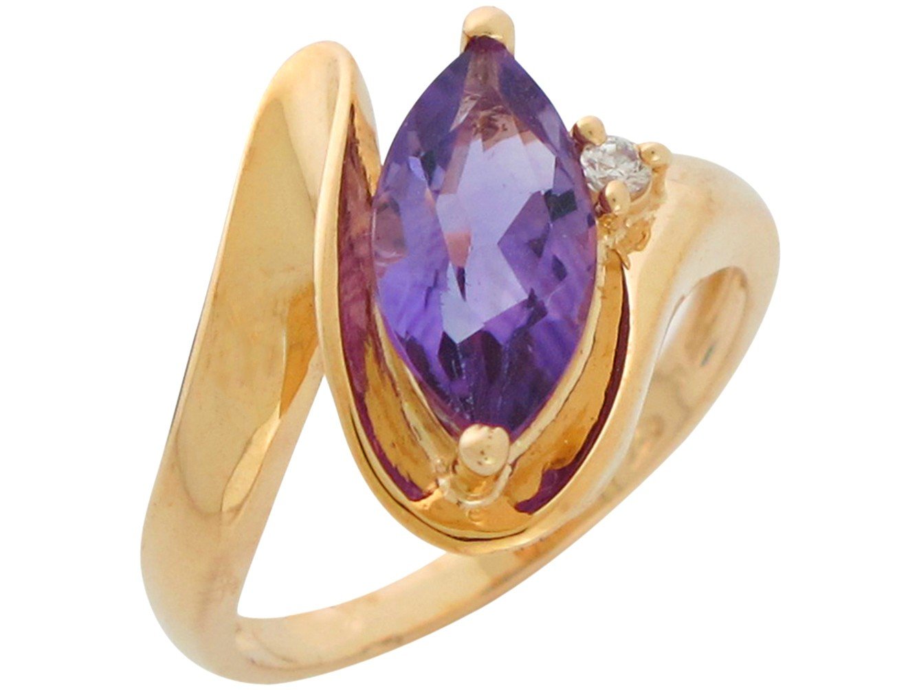 10k Yellow Gold Natural Amethyst and Diamond Ladies Modern Wave Twist Ring