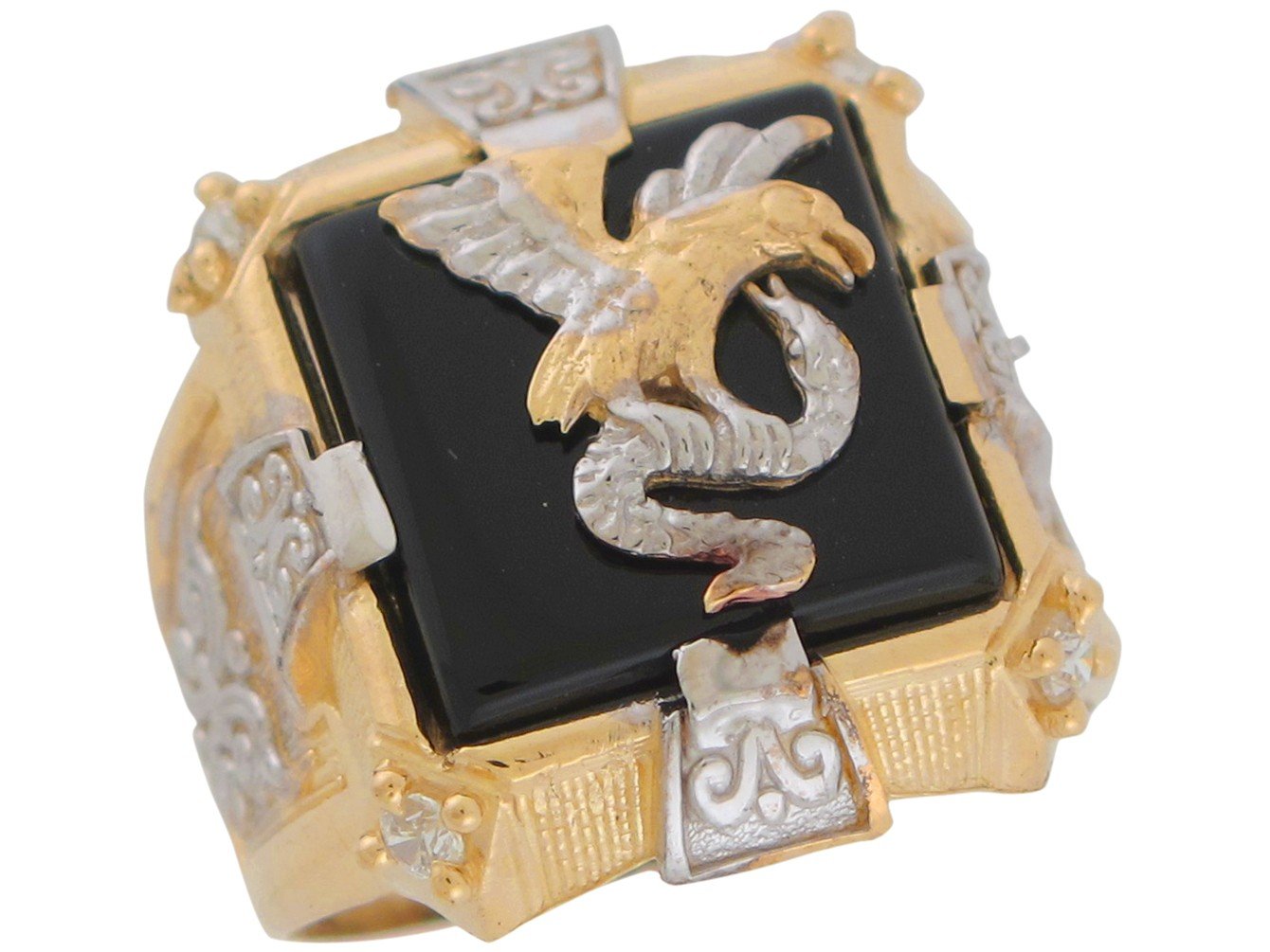 10k Two-Tone Gold Bold Black Onyx and CZ Eagle and Snake Mens Statement Ring