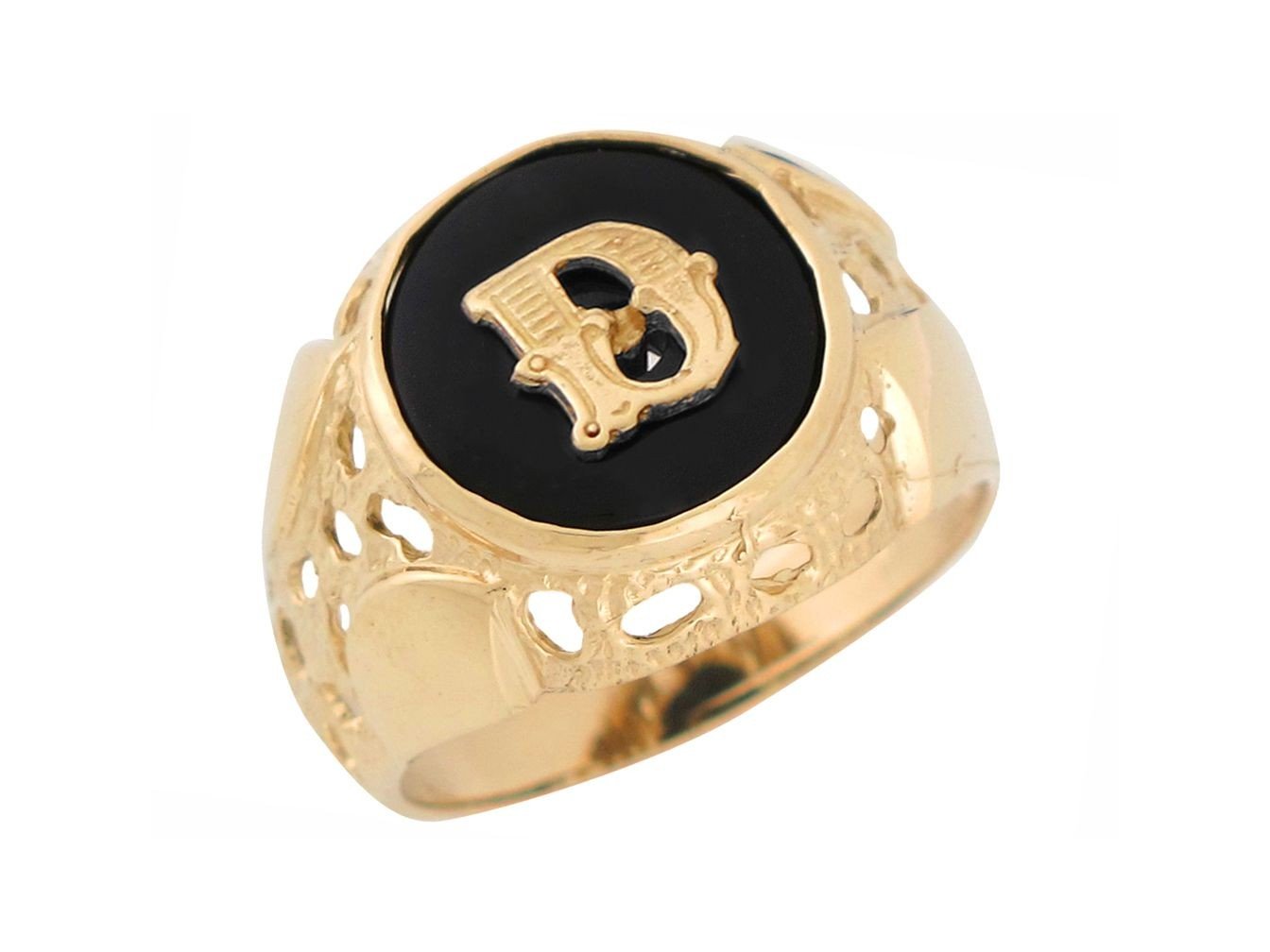 14k Yellow Gold Bezel Set Bold Black Onyx Mens Unique Nugget Init
