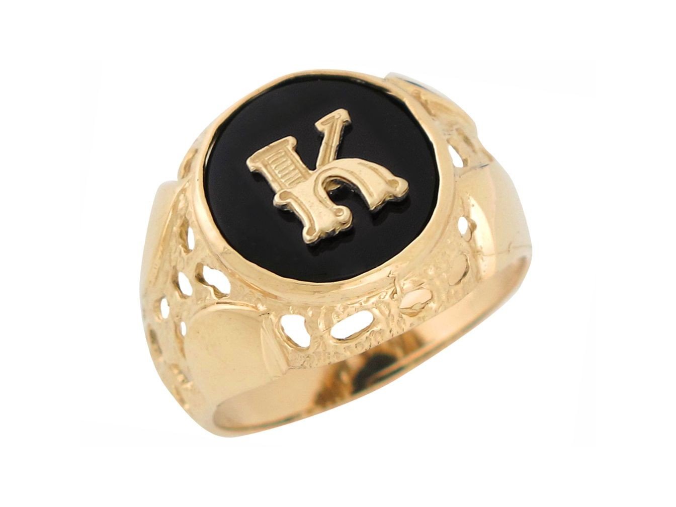 14k Yellow Gold Bezel Set Bold Black Onyx Mens Unique Nugget Init