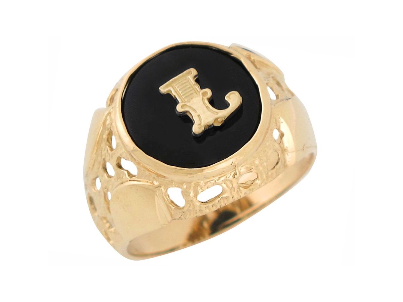 10k Yellow Gold Bezel Set Bold Black Onyx Mens Unique Nugget Init