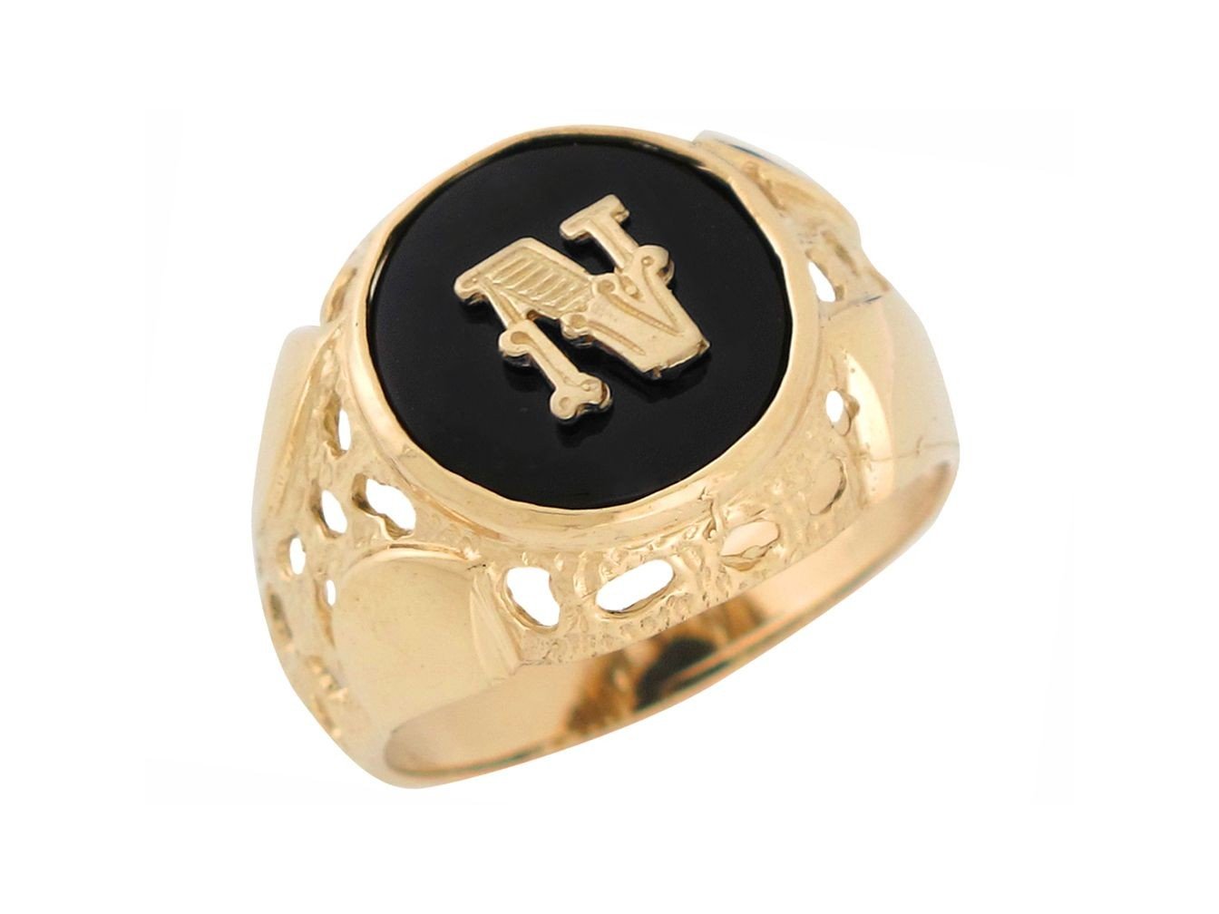 10k Yellow Gold Bezel Set Bold Black Onyx Mens Unique Nugget Init