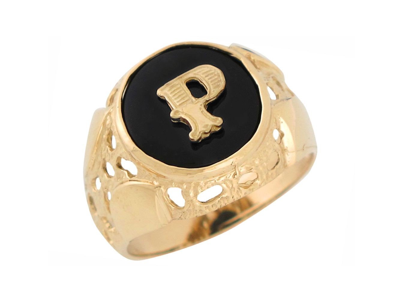 14k Yellow Gold Bezel Set Bold Black Onyx Mens Unique Nugget Init