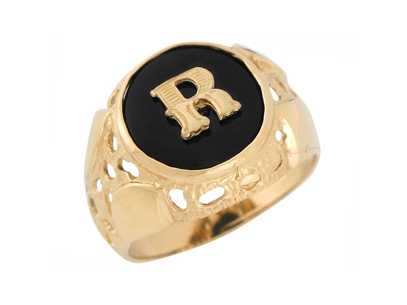 10k Yellow Gold Bezel Set Bold Black Onyx Mens Unique Nugget Init